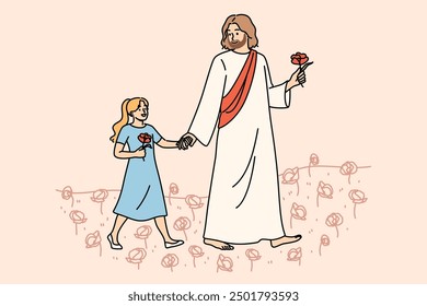 Jesus walks with little girl through summer field, talking about importance of christian religion. Jesus, from catholic or orthodox faith, communicates with children, sharing experience