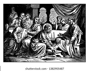Jesus is washing the feet of His disciples to show the importance of Baptism and Penance, vintage line drawing or engraving illustration
