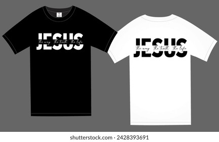 JESÚS el camino y la verdad y la vida camiseta de diseño en blanco y negro. Ropa cristiana con letras de silueta negra. Ilustración de vector