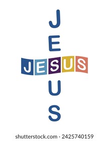Jesus word Christian saying phrase retro groovy typographic cross art on white background
