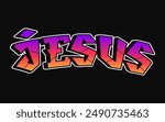Jesus word trippy psychedelic graffiti style letters.Vector hand drawn doodle cartoon logo Jesus illustration. Funny cool trippy letters, fashion, graffiti style print for t-shirt, poster
