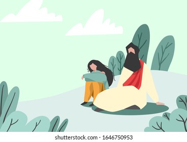 Jesus and the young women White background used for media design It is a vector image style.