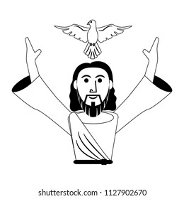 Jesuschrist with dove cartoon in black and white