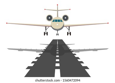 Jet aeroplane on runway. Aircraft takeoff from civil airline to blue sky realistic vector background illustrations. Travel plane in air, aircraft flight transportation