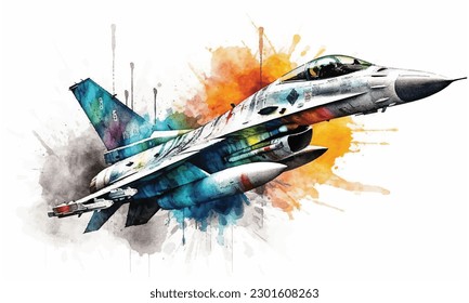 Jet aircraft painting flying in the sky fighter aircraft colorful watercolor painting Abstract background.