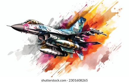 Jet aircraft painting flying in the sky fighter aircraft colorful watercolor painting Abstract background.