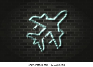 Jet airliner glowing neon sign or glass tube. Realistic vector illustration. Black brick wall, soft shadow.