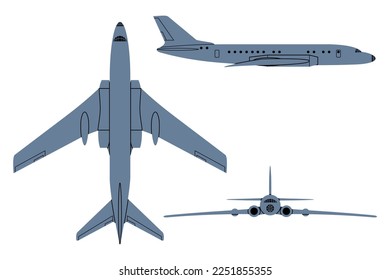 Jet Airliner Silhouette (1955). Top, Side, Front View. Vintage airplane. Vector clipart isolated on white.