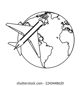 Jet airplane around world black and white