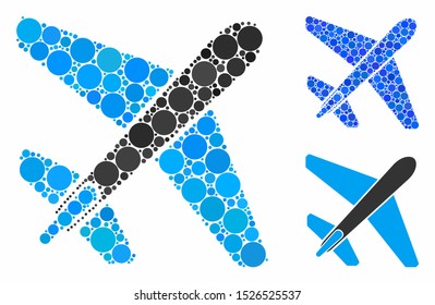 Jet airplane composition for jet airplane icon of filled circles in different sizes and color tinges. Vector filled circles are united into blue composition.