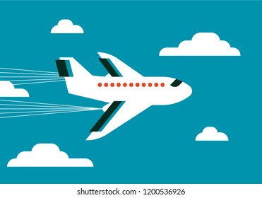 Jet airplane flying in the sky between clouds. Graphic style flat vector illustration. Traveling and aviation transport.