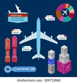 Jet airplane and info graphics elements on dark blue background