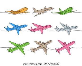 Jet airplane set. Air transport one line colored continuous drawing. Passenger airplanes continuous one line illustration. Vector illustration