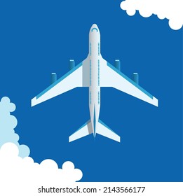 jet airplane in the sky with clouds, top view, minimalist vector illustration
