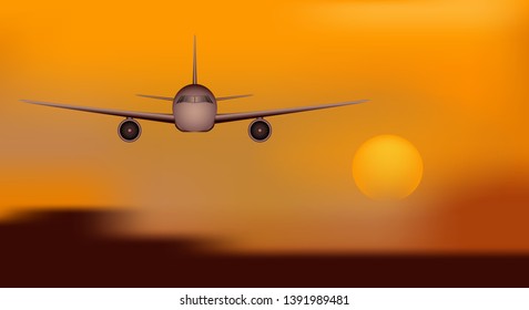 Jet airplane at sunset, vector design