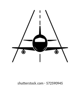 Jet airplane vector icon. Isolate airplane front view. Aircraft pictogram. Airport runway illustration.