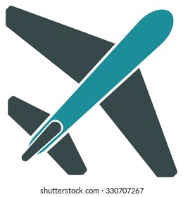 Jet Airplane vector icon. Style is flat bicolor soft blue symbol, rounded angles, white background.