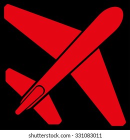 Jet Airplane vector icon. Style is flat red symbol, rounded angles, black background.