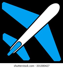 Jet Airplane vector icon. Style is flat bicolor blue and white symbol, rounded angles, black background.