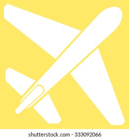 Jet Airplane vector icon. Style is flat white symbol, rounded angles, yellow background.