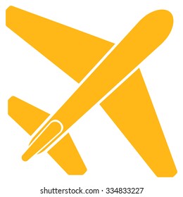 Jet Airplane vector icon. Style is flat yellow symbol, rounded angles, white background.