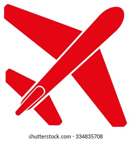 Jet Airplane vector icon. Style is flat red symbol, rounded angles, white background.