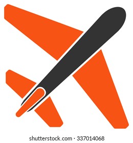 Jet Airplane vector icon. Style is flat bicolor orange and gray symbol, rounded angles, white background.