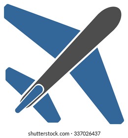 Jet Airplane vector icon. Style is flat bicolor cobalt and gray symbol, rounded angles, white background.