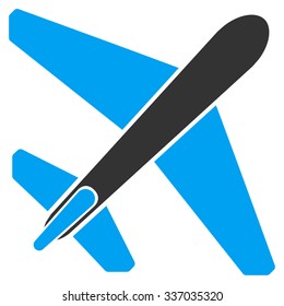 Jet Airplane vector icon. Style is flat bicolor blue and gray symbol, rounded angles, white background.