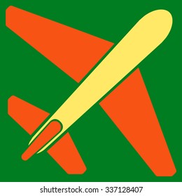 Jet Airplane vector icon. Style is flat bicolor orange and yellow symbol, rounded angles, green background.