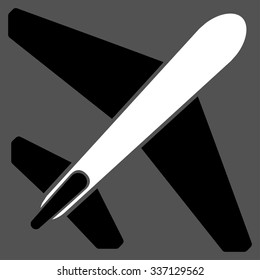 Jet Airplane vector icon. Style is flat bicolor black and white symbol, rounded angles, gray background.