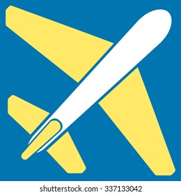 Jet Airplane vector icon. Style is flat bicolor yellow and white symbol, rounded angles, blue background.