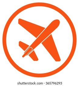 Jet Airplane vector icon. Style is flat circled symbol, orange color, rounded angles, white background.