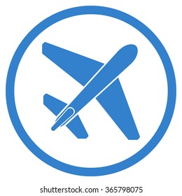Jet Airplane vector icon. Style is flat circled symbol, cobalt color, rounded angles, white background.