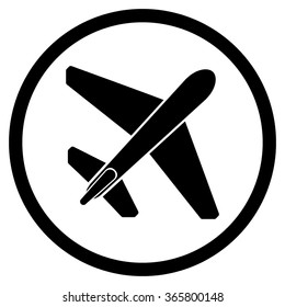 Jet Airplane vector icon. Style is flat circled symbol, black color, rounded angles, white background.