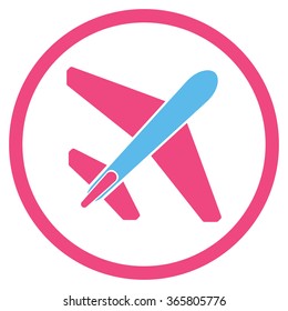 Jet Airplane vector icon. Style is bicolor flat circled symbol, pink and blue colors, rounded angles, white background.