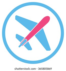 Jet Airplane vector icon. Style is bicolor flat circled symbol, pink and blue colors, rounded angles, white background.