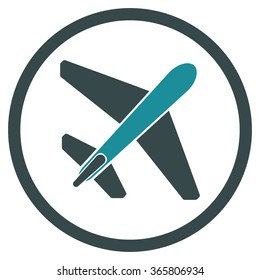 Jet Airplane vector icon. Style is bicolor flat circled symbol, soft blue colors, rounded angles, white background.