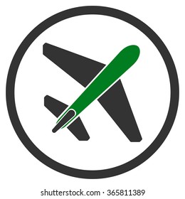 Jet Airplane vector icon. Style is bicolor flat circled symbol, green and gray colors, rounded angles, white background.