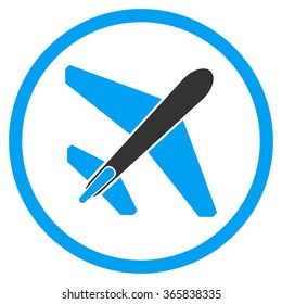 Jet Airplane vector icon. Style is bicolor flat circled symbol, blue and gray colors, rounded angles, white background.