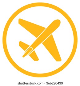 Jet Airplane vector icon. Style is flat circled symbol, yellow color, rounded angles, white background.