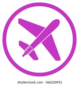 Jet Airplane vector icon. Style is flat circled symbol, violet color, rounded angles, white background.