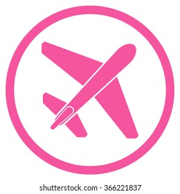 Jet Airplane vector icon. Style is flat circled symbol, pink color, rounded angles, white background.