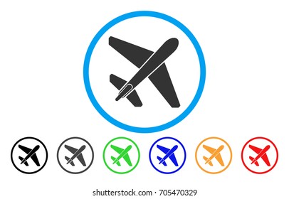 Jet Airplane vector rounded icon. Image style is a flat gray icon symbol inside a blue circle. Bonus color versions are grey, black, blue, green, red, orange.