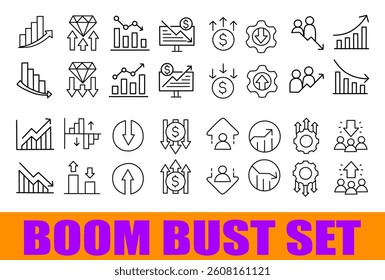 Jet Black Boom and Bust Icons Set with Growth and Decline Charts for Financial Analytics Vector Design, Isolated