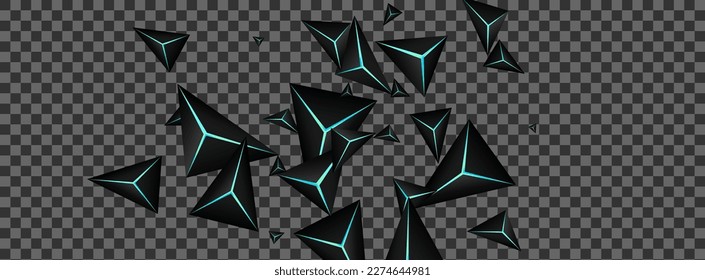 Jet Black Crystal Background Transparent Vector. Obsidian Polygon Gradation. Prism Design Backdrop. Blue Neon Vertex Card.