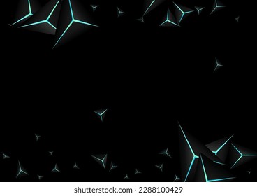 Vector negro de fondo de cristal Jet Black. Resumen del Triángulo del Neón Azul. Tarjeta de glamour de prisma. Fondo Decorativo Oscuro.
