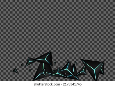 Jet Black Polygon Background Transparent Vector. Obsidian Triangle Cover. Facet Modern Card. Blue Neon Fiber Illustration.