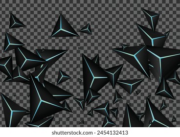 Jet Black Polygon Background Transparent Vector. Dark Crystal Space. Facet Royal Illustration. Blue Neon Advertising Texture.