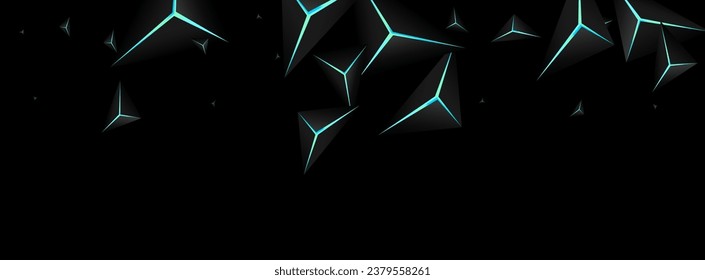 Jet Black Prism Background Black Vector. Blue Neon Polygon Advertising. Triangular Light Backdrop. Dark Gradation Illustration.